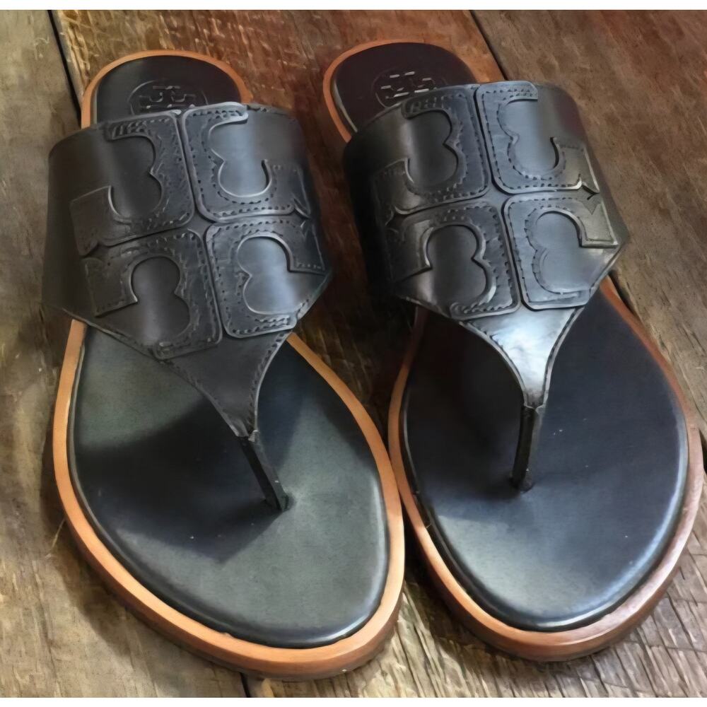NWB Tory Burch Jamie Logo Thong Sandals Calf Leather Black US Size 10.5 Wide Box